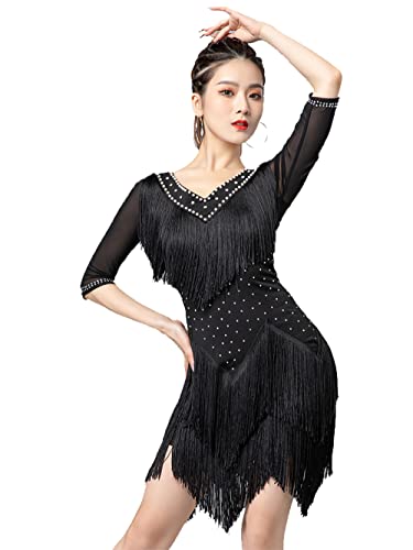 kzytamz Damen Halfter V-Ausschnitt Latein Tanzkleider Tanzkleid Fransen Rundhals Ärmellos Split Leg Ballsaal Sexy Kurz Latein Salsa Tanzkleid (XL,Black) von kzytamz