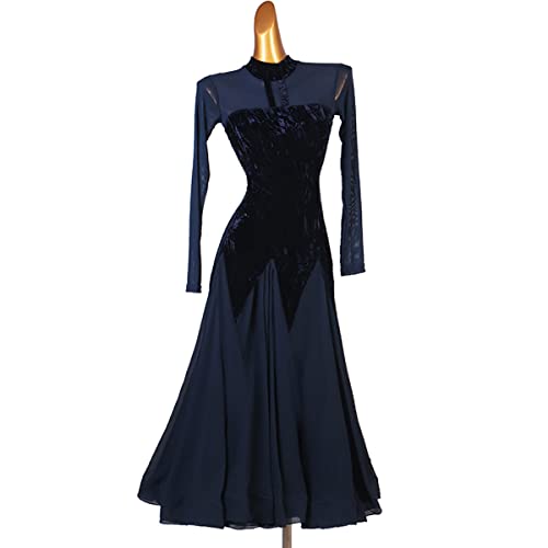 kzytamz Damen Lange Langarm Abendkleid Maxi V-Ausschnitt Samt Party Kleid Klassisches Tango-Trainings-Tanzkostüm, (XL,Navy Blue) von kzytamz