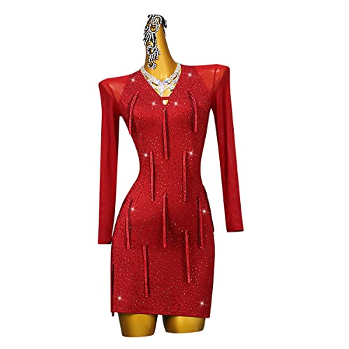 kzytamz Damen Latein Tanzkleider Ballsaal V-Ausschnitt Lange Ärmel Samba für Latein Tango Salsa Tanzkostüm Flamenco Kleid Salsa Tanzen Outfit (S,Red) von kzytamz