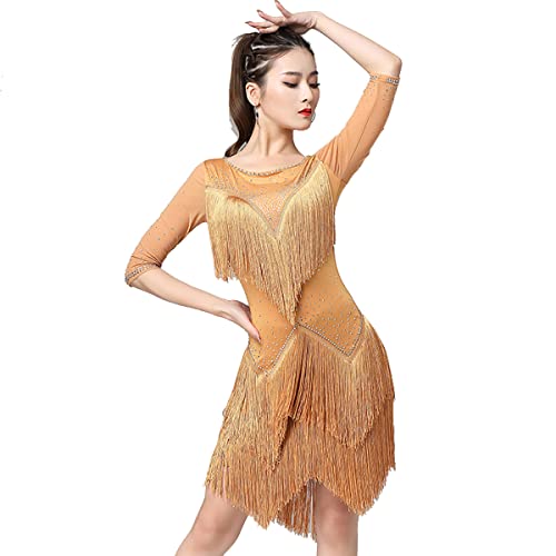 kzytamz Damen Latein-Tanzkleider mit Fransensaum Rundhalsausschnitt mittellange Ärmel Schwarz Latein-Wettkampfkleid Ballsaal Salsa Samba-Rock Walzer Performance Kleid (L,Gold) von kzytamz