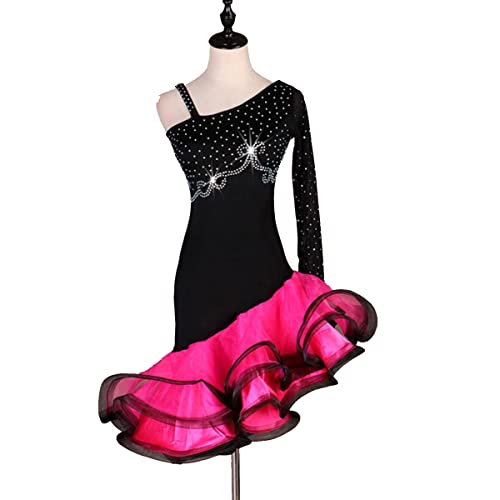 kzytamz Damen Latein-Tanzkleider mit einem Ärmel Latein-Wettkampfkleid Ballsaal Salsa Samba-Rock Tutu Schräger Saum Walzer Flamenco Performance Kleid Foxtrot Praxisrock (M,Rose red) von kzytamz