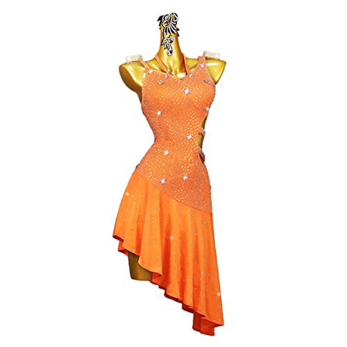 kzytamz Damen Latin Dance Kleid Ballsaal V-Ausschnitt Walzer Tango Cha Cha Sexy Sling Rückenlose Latin Performance Wettbewerbskleid (XL,orange) von kzytamz