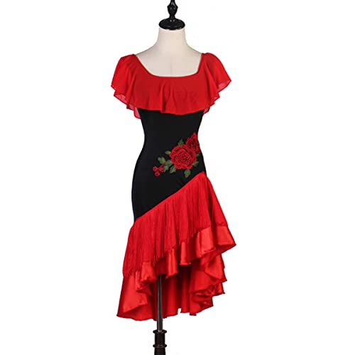 kzytamz Damen Latin Dance Kleider Asymmetrischer Saum Latin Competition Dress Ballroom Rüschenärmel Kostüm für Latin Cha Cha Rumba Samba Tango Walzer Performance Kleid (XL,Red) von kzytamz