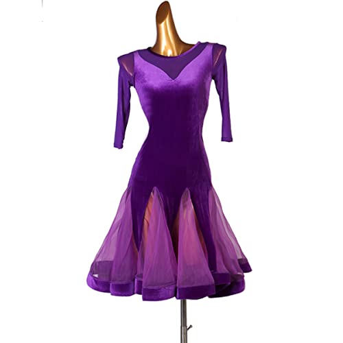 kzytamz Damen Latin Dance Kleider Ballsaal Salsa Samba Cha Cha Kostüme Modern Latin Competition Dress Big Swing Rock Weibliches Kleid Lateinischer Tanz Quaste (M,Purple) von kzytamz