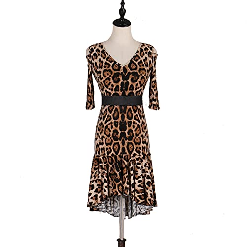 kzytamz Damen Leopard Latin Dance Kleider V-Ausschnitt mit mittellangen Ärmeln Latin Competition Dress Ballroom Salsa Samba Cha Cha Rock Walzer Performance Kleid (S,Leopard) von kzytamz