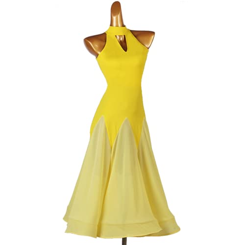 kzytamz Damen Lyrisches Ballett Tanzkostüm Blume Spitze Neckholder Gymnastikanzug mit Chiffon Wickelrock Moderne Ballsaal Tanzkleidung Bühnen Performance Outfit (Yellow,M) von kzytamz