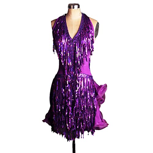 kzytamz Damen Metallic Pailletten Fransen Tanzkleid Quasten ärmelloses Rumba Samba Rock Swing Kleid Ballett Trikot Latein Tanzkleid (M,Violet) von kzytamz