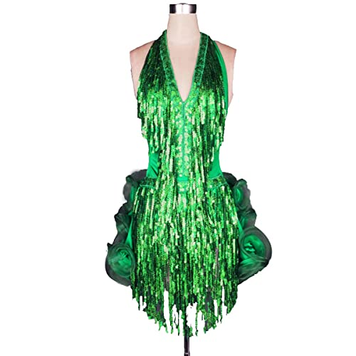 kzytamz Damen Metallic Pailletten Fransen Tanzkleid Quasten ärmelloses Rumba Samba Rock Swing Kleid Ballett Trikot Latein Tanzkleid (XXL,Green) von kzytamz