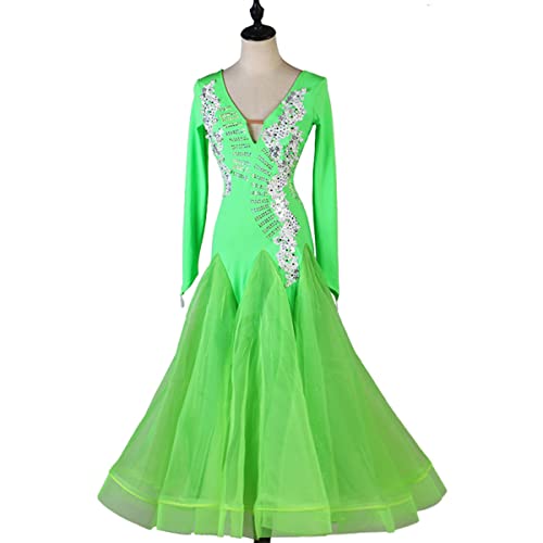 kzytamz Damen National Standard Tanzkleid Ballsaal Kleider Sommer V-Ausschnitt Rückenfreies Langarm Modernes Elegante Tanzkleid Walzer Ballsaal Tanzen Praxis Kostüm Tango Kleid (XXL,Green) von kzytamz