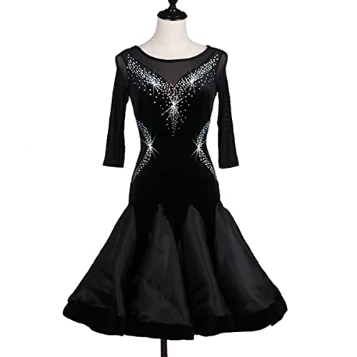 kzytamz Damen Schwarz Latin Dance Kleider Erwachsener Ballsaal Mittlere Ärmel Samba Rumba Kostüm Latin Competition Dress Salsa Tanzen Outfit Tango Soziale Wettbewerb Kostüme (XL,Black) von kzytamz