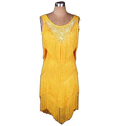 kzytamz Damen Sling Fringe Latin Dance Kleider Unregelmäßiger Quastensaum Latin Competition Dress Ballsaal Samba Kostüm Ballsaal Leistung Tanzkleider Salsa Tanzen Outfit (XXL,Yellow) von kzytamz