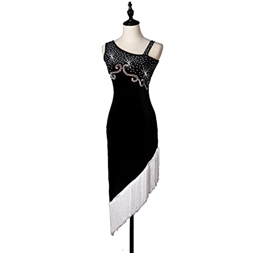 kzytamz Damen Sling Latin Dance Kleider Ballsaal Diagonalkragen Samba Kostüm Schräger Saum Quaste Lateinisches Turnierkleid Salsa Tanzen Outfit Tango Soziale Wettbewerb Kostüme (M,Black1) von kzytamz