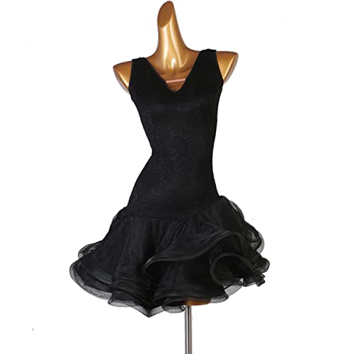 kzytamz Damen Sling V-Ausschnitt Latin Dance Kleider Schwarzes rückenfreies Latin Competition Dress Ballsaal Salsa Samba Cha Cha Kostüm Tango Soziale Wettbewerb Kostüme (XXL,Black) von kzytamz