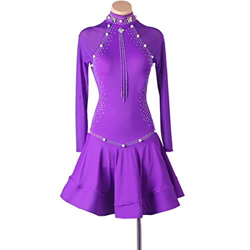 kzytamz Damen Stehkragen Langarm Latein Tanzkleider Ballsaal Samba Kostüm Latein Turnierkleid Puffrock Salsa Tanzen Outfit Für Frauen Flamenco Kleid Foxtrot Praxisrock (M,Purple) von kzytamz