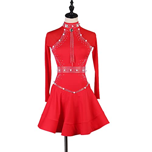 kzytamz Damen Stehkragen Langarm Latein Tanzkleider Ballsaal Samba Kostüm Latein Turnierkleid Puffrock Salsa Tanzen Outfit Für Frauen Flamenco Kleid Foxtrot Praxisrock (XXL,Red) von kzytamz