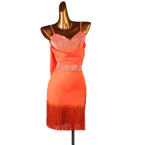 kzytamz Damen Tanzkleid Glänzend Pailletten Kleid Latein Rumba Cha Cha Tango Samba Kleid Halloweem Fasching Party Kleid (Orange,L) von kzytamz