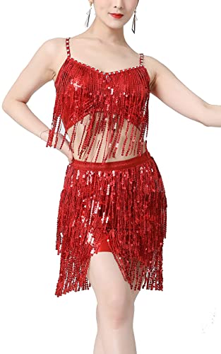 kzytamz Damen Tanzkleid Quaste Kleid Ballettkleid Neckholder Pailletten Tanzkostüme Latein Swing Performance Dancewear (L,Red) von kzytamz