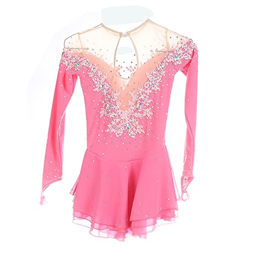 kzytamz Eiskunstlauf-Kleid, Mädchen, handgefertigt, Damen Eiskunstlauf Kleid Glitzer Langarm Rollschuhkleid Ballett Trikotanzug (XXL,Pink) von kzytamz