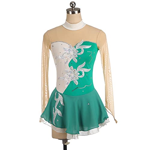 kzytamz Eiskunstlauf Kleid Angepasst Wettbewerb Ice Skating Rock Frauen Mädchen Langarm Atmungsaktive Skating Wear (L,Green) von kzytamz