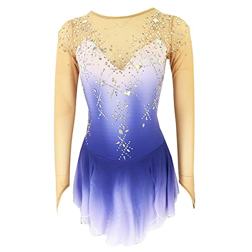 kzytamz Eiskunstlauf Kleid Damen Eiskunstlauf Kleid Damen, Wettbewerb Kostüm Training Skating Wear Handarbeit Eiskunstlauf-Kleid Strass Langarm (XXS,Violet) von kzytamz