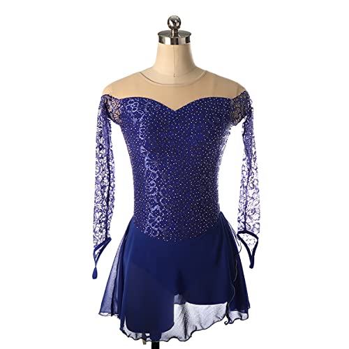 kzytamz Eiskunstlauf Kleid Damen Mädchen Lange Ärmel Glänzend Strass glänzende Strasssteine, Rundhalsausschnitt, Eiskunstlauf, Gymnastik, Ballett, Eisrolle, Wettkampfanzug (XL,Blue) von kzytamz