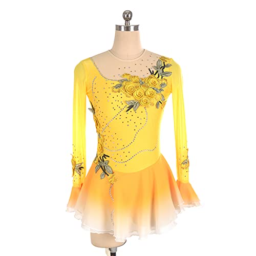 kzytamz Eiskunstlauf Kleid Mädchen, Lange Ärmel Glänzend Strass Gymnastik EIS Rollschuhlaufen Kleid Ballett Tanzkleidung (XL,Yellow) von kzytamz