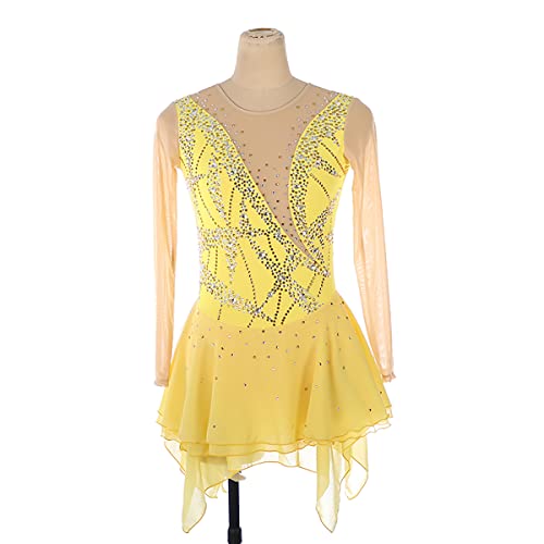 kzytamz Eiskunstlauf Kleid Mädchen, Wettbewerb Langarm Eiskunstlauf Kleid Frauen Langarm Wettbewerb Eiskunstlauf-Kostüm Elastizität Skating Wear (S,Yellow) von kzytamz