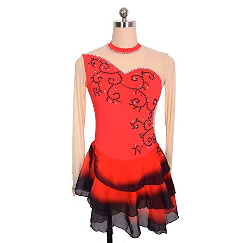 kzytamz Eiskunstlauf Trikot Kleid Mesh Fingerspitzen Ballett Tutu Kleid Trikot Tanzkleidung Tüll Lyrischer Tanz Eislaufen Sportliche Kostüme Funkelnde Strass Rollschuhlauf Tanzen Outfit (XXL,Red) von kzytamz