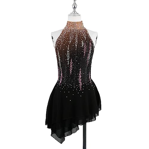 kzytamz Eiskunstlaufkleid Damen Mädchen Eiskleid Atmungsaktiv ärmelloses, glänzendes offener Rücken, Kostüm, Elastan, Strass, Kleidung zum Eislaufen (M,Black) von kzytamz