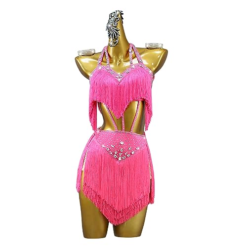 kzytamz Elegante Gesellschaftstanzkleider Neckholder Latin Performance Rückenfreier Ballsaal Trainingskleid Übungskostüm Für Rumba Samba (L,Rose red) von kzytamz