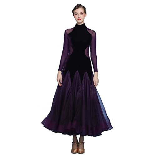 kzytamz Frauen-Samt-Tanzkleid Kostüm für modernen zeitgenössischen Tanz mit hohem Kragen Lange Ärmel Fließender Mesh-Langrock (M,Dark Purple) von kzytamz