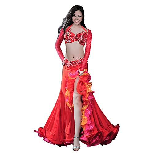 kzytamz Frauen Sexy Bauchtanz Kostüm Set BH und Gürtel Schlitz Tanzen Outfit Bauchtanz Kostüm Karneval Halloween Outfit (L,Red) von kzytamz