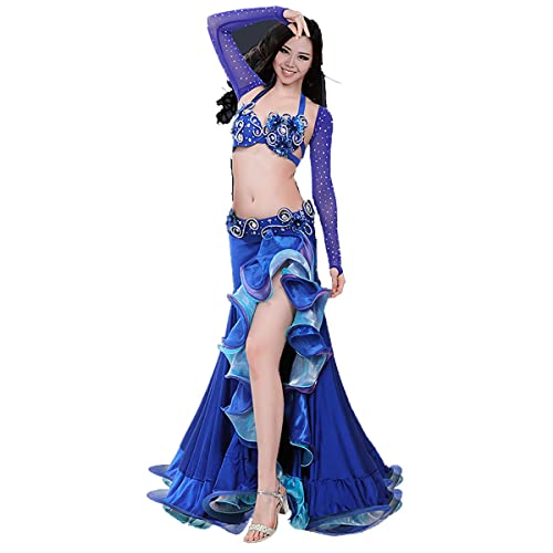 kzytamz Frauen Sexy Bauchtanz Kostüm Set BH und Gürtel Schlitz Tanzen Outfit Bauchtanz Kostüm Karneval Halloween Outfit (M,Blue) von kzytamz