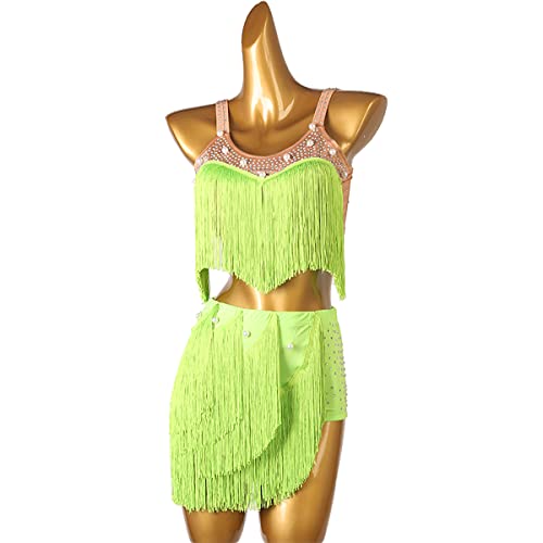 kzytamz Frauen Sexy rückenfreie Fransen Latin Dance Kleider Ballettanzug Spitzen Turnanzug mit Asymmetrisch Rock Swing Kleid Ballett Trikot Latein Tanzkleid (M,Green) von kzytamz