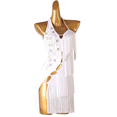 kzytamz Frauen Sexy rückenfreie Latin Dance Kleider Ballsaal Samba Cha Cha Rumba Fransen Split Leg Latin Competition Dress Tango Soziale Wettbewerb Kostüme Salsa Tanzen Outfit (XL,White) von kzytamz