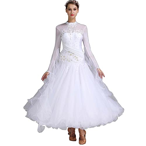 kzytamz Frauen-Stickerei-Tanzkleid Diamantbesetzte Gesellschaftstanzkostüme Dynamisches tanzendes Outfit aus schwebendem Garn (M,White) von kzytamz