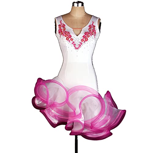 kzytamz Frauen Wide Sling Latin Dance Kleider V-Ausschnitt Latin Competition Dress Ballsaal Samba Kostüm Tutu Schräger Saum Tango Soziale Wettbewerb Kostüme Salsa Tanzen Outfit (L,White) von kzytamz