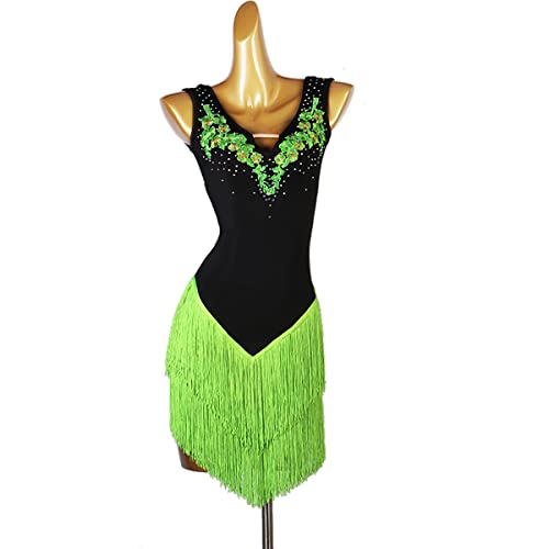 kzytamz Hohle Latin Dance Leistung Kleider Für Damen Hosenträger Cha Cha Ballsaal Wettbewerb Tanzkleidung Quaste Tango Flamenco Moderne Kostüme Mit Strass (S,Green) von kzytamz