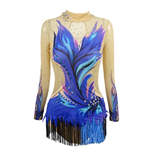 kzytamz Kinder Mädchen Eiskunstlauf Kleid Lyrische Frauen Erwachsene Figur Eislaufen Kleid Mädchen Langarm Strass Gymnastik Leotard Wettbewerb Kleider (M,Blue) von kzytamz