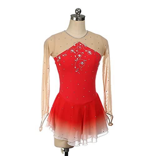 kzytamz Kinder Mädchen Eiskunstlauf Kleid Mädchen Figure Skating Langarm Ballettkleid Mit Asymmetrisch Strass Ballett Tanz Sparkly Tutu Kleid (M,Red) von kzytamz