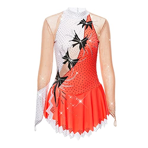 kzytamz Kinder Mädchen Eiskunstlauf Kleid Winter Sport Figure Skating Kleid Mädchen Turtleneck Funkelnde Leotard Lange Ärmel Strass Gymnastik Activewear (L,Orange) von kzytamz