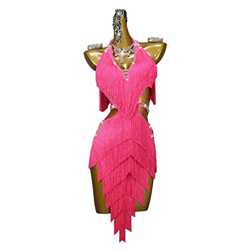 kzytamz Kleider Für Lateinamerikanischen Tanz Mit Fransen Für Damen Ärmelloser Tango Walzer Kostüm Dame Tango Tanzkleid Partykleid Tänzerin (M,Pink) von kzytamz