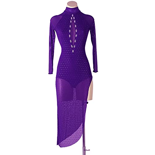 kzytamz Langärmliges Latin Dance Dress Für Damen Split Cha Cha Tanzkleider Diamant Tango Wettbewerb Kostüm Hohler Salsa Rock Mit Shorts (S,Purple) von kzytamz