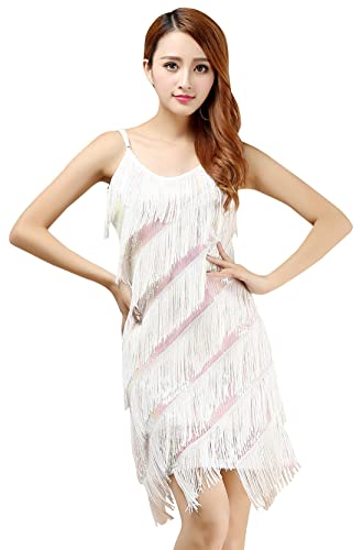 kzytamz Latein Tanz Kleider Kostüme Kleid 1920er Jahre Pailletten Quasten Kleider Bodycon Cocktail Party Fransen Kostüm Samba Tango Tanzkleider (One Size,White) von kzytamz