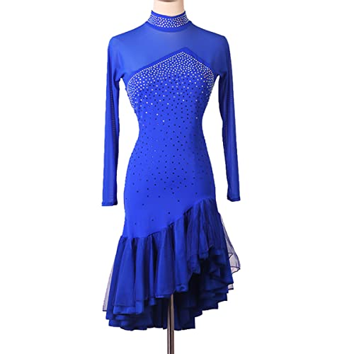 kzytamz Latein-Tanzkleider Damen Hoher Kragen Lange Ärmel Latein-Wettkampfkleid Schräger Saum Ballsaal Samba-Kostüm Für Frauen Flamenco Kleid Salsa Tanzen Outfit (XL,Blue) von kzytamz