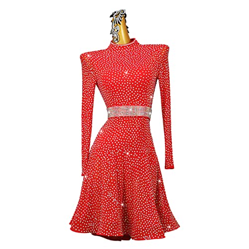 kzytamz Lateinische Tanzkleider Mit High-Collar Lady Ausschnitt Für Damen Langarm Cha Cha Leistung Tanzkleidung Flamenco Tango Kleid Mit Strass (L,Red) von kzytamz