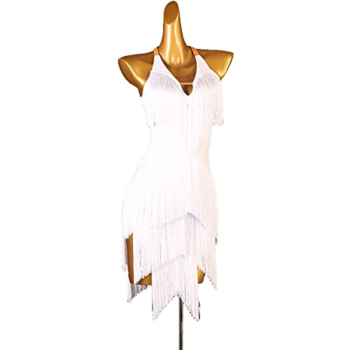 kzytamz Lateinische Tanzkleider Mit V Ausschnitt Für Damen Hohle Latin Dance Leistung Kleider Für Damen Salsa Kostüme Tassel Ballroom Leistung Tanzkleidung Flamenco (S,White) von kzytamz