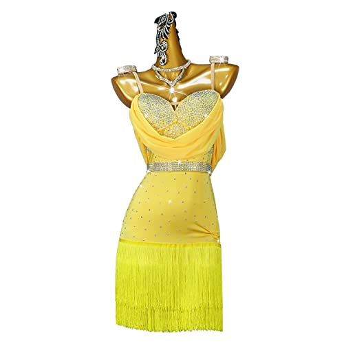 kzytamz Lateinisches Tanzkleid Damen Fransen Latin Dance Kleider Rockschaukel mit Fransen Strenchy Spandex Zumba Tango Cha Cha für Damen (S,Yellow) von kzytamz