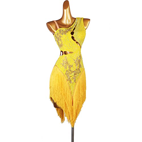 kzytamz Lateinisches Tanzkleid Damen Fransen Latin Dance Kleider für Frauen Ballsaal Salsa Samba Rumba ChaCha Kostüm Beruf Latin Competition Dress Walzer Performance Kleid (XL,Yellow) von kzytamz