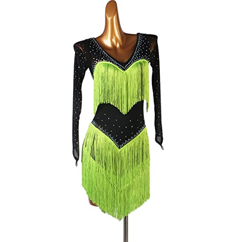 kzytamz Lateinisches Tanzkleid Damen Fringe Latin Dance Kleider V-Ausschnitt mit Langen Ärmeln Ballsaal Salsa Samba Kostüm Quaste Latin Competition Dress Ballroom Kleider (XL,Green) von kzytamz